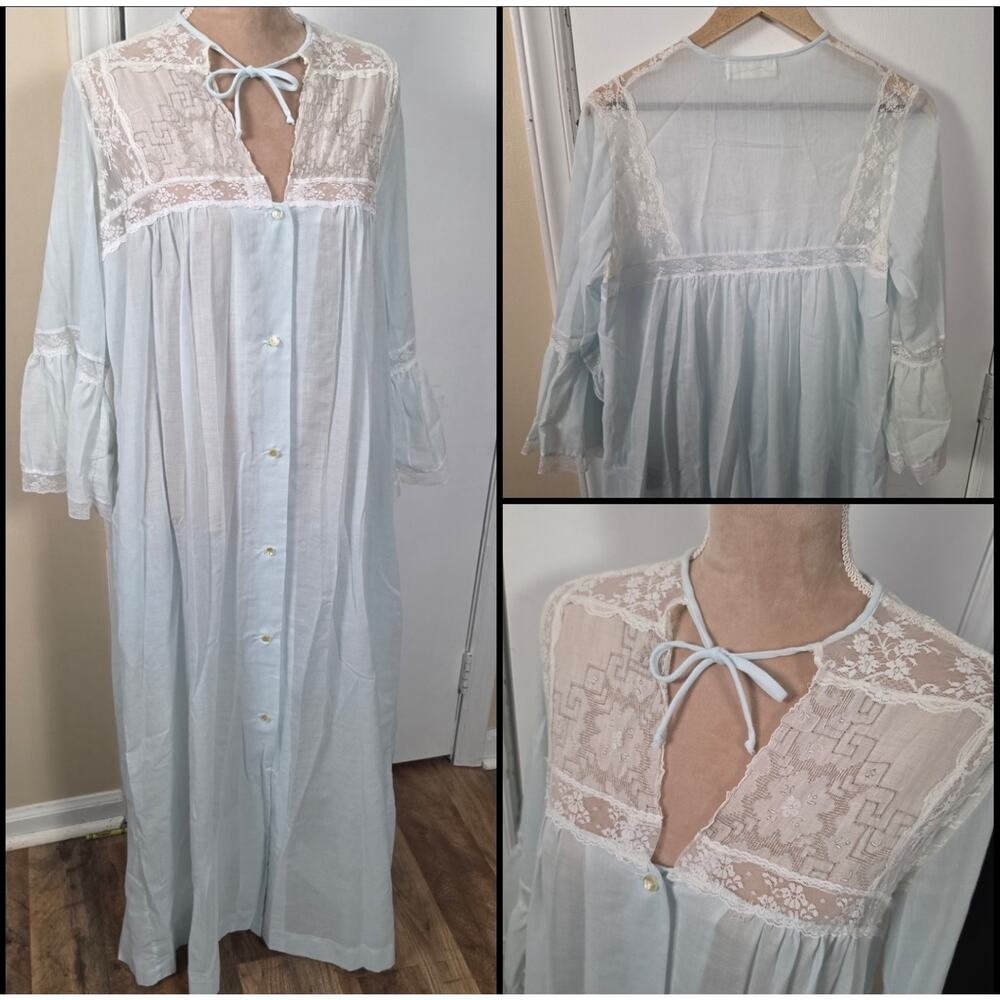 Vintage Sheer Cotton Peignoir Robe Pastel Blue Lace Dressing Gown Sz L Retro